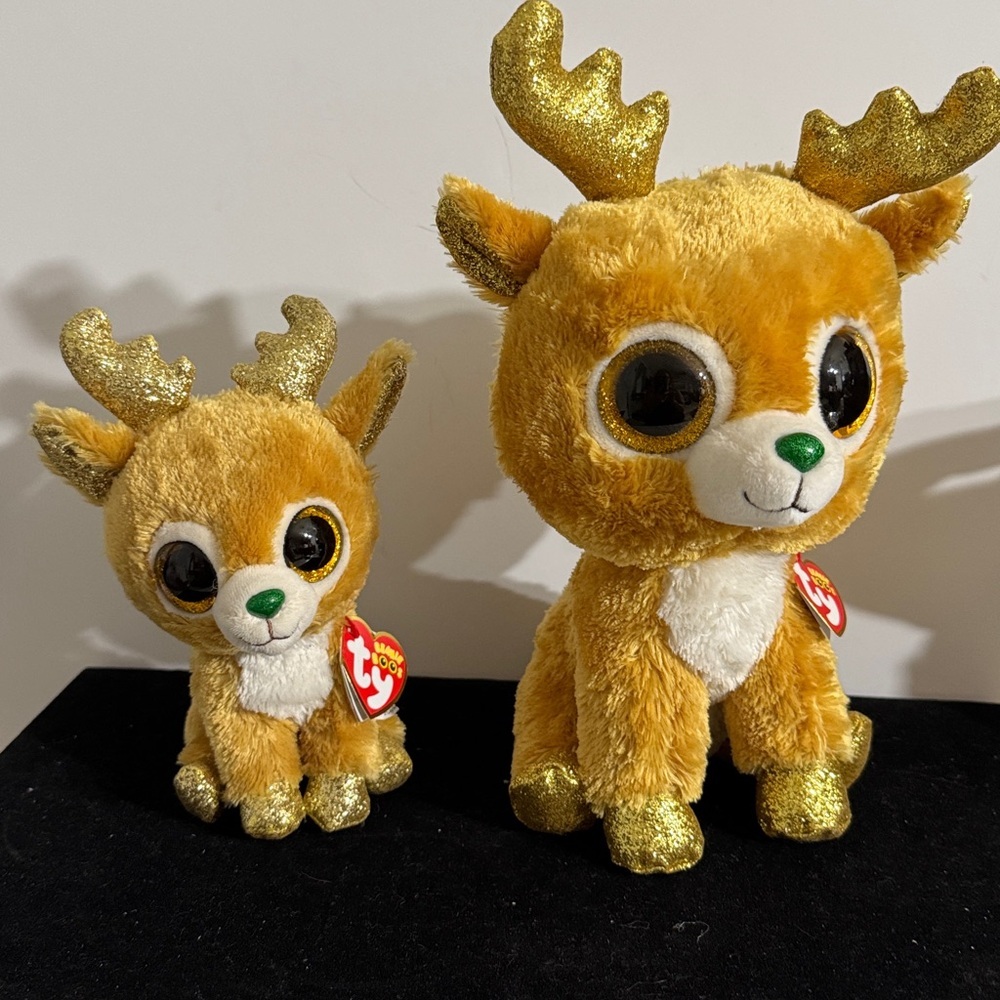 Ty Beanie Glitzy Reindeer Plush Reindeer Toy with Gold Accents set of 2